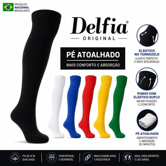 Meião Adulto Futebol DELFIA Profissional ORIGINAL com pé atoalhado e elastano duplo