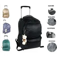 Mochila de Rodas Feminina Metalizada Grande Reforçada Notebook Chaveiro Ursinho Escolar Masculina