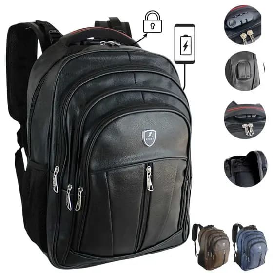 Mochila de Couro PU Masculina Trava com Código para Trancar Notebook Impermeável com Cabo USB AUX