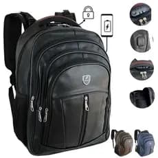Mochila de Couro PU Masculina Trava com Código para Trancar Notebook Impermeável com Cabo USB AUX