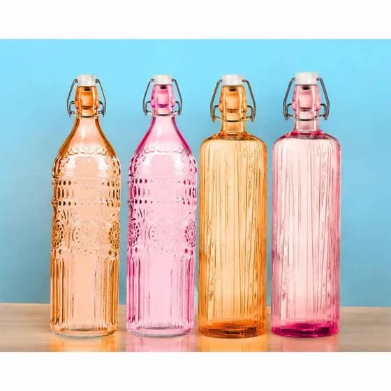 1 Garrafa De Agua Colorida C/ Tampa 1 Litro Envio Sortido Vidro Alto Relevo Porta Da Geladeira