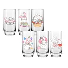 Jogo 6 Copos de Vidro Resistente 300ml Estampa Família Coelhinho da Páscoa Mesa Posta Decoração