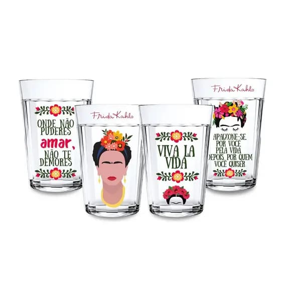 Jogo 4 Copos Americanos Personalizado Frases Frida Kahlo Mexicana Arte Colecionável Feminismo