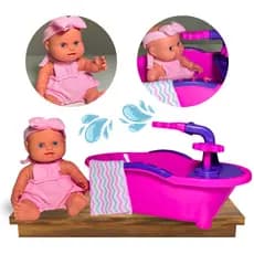 Kit Boneca+Banheira Milkinhas Petit Brincadeira de faz de conta Cuidado infantil Carinho Brinquedo educativo Desenvolvimento emocional Imitação Presente infantil Brincadeira Diversão Feições delicadas Brinquedo de banho
