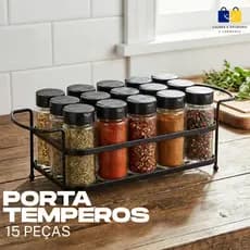 Porta Tempero Suporte Cromado Preto 15 Potes de Vidro Cozinha Condimentos Saleiro