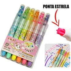 Marca Texto fofo e Barato Kit de 6 Ponta em Formato Estrela Carimbo Tampa Lantejoulas Cores Neon