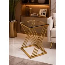 Mesa Lateral Dourada com Tampo de Vidro | Mesa de Canto Moderna Luxo para Sala e Escritório