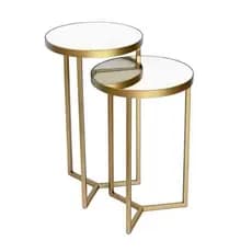 Conjunto 2 Mesas de Canto Dourado Tampo Espelhado Redonda Metal Luxo Decoração Sala Estar
