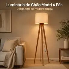 Luminária de Chão Madri 4 Pés Madeira Maciça com Cúpula em Tecido