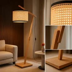 Luminária Abajur Madeira Aurora Chão Pedestal Cupula em Tela /Tecido Sala Quarto Escritorio 1,60 Bivolt