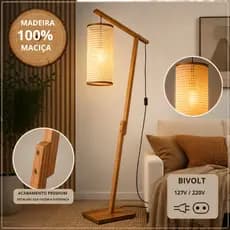 Abajur de Chão Madeira  Luminária + Tela Cúpula Cilíndrica Luz Quente Sala Quarto Bivolt
