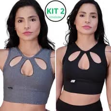 Kit 2 Tops Cropped Super Sustentação Decote Diferenciado Forrado Com Bojo