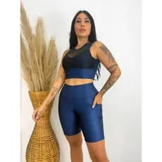 Conjunto de Bermuda e Cropped Canelado com Tule - Zero transparencia, Cropped com fecho