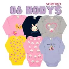 6 body bebê manga longa com estampas menina e menino avulso