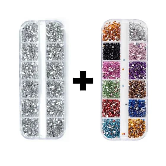 Kit Estojo Strass Prata + Kit Estojo Strass Colorido Para Maquiagem e Nail Art