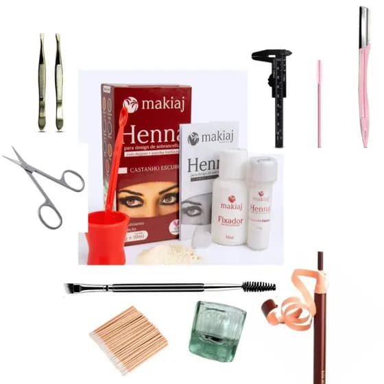 Kit Design de Sobrancelhas Profissional Completo com Henna, Pinça, Paquímetro e Navalha