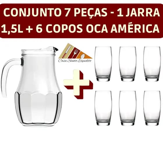Conjunto 7 Pçs c/ 1 Jarra Bar Vidro Tango 1,5L + Jogo 6 Copos Oca America 300 ML Nadir Figuereido