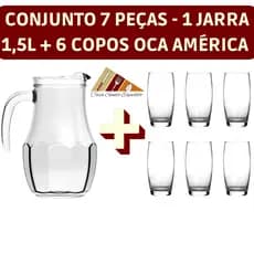 Conjunto 7 Pçs c/ 1 Jarra Bar Vidro Tango 1,5L + Jogo 6 Copos Oca America 300 ML Nadir Figuereido