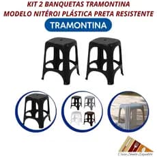 Kit Jogo 2 Banquetas Banco Tramontina Niterói ECO Plástico Polipropileno Preto 100kg Resistente Leve