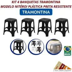 Kit Jogo 4 Banquetas Banco Tramontina Niterói ECO Plástico Polipropileno Preto 100kg Resistente Leve