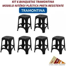 Kit Jogo 6 Banquetas Banco Tramontina Niterói ECO Plástico Polipropileno Preto 100kg Resistente Leve