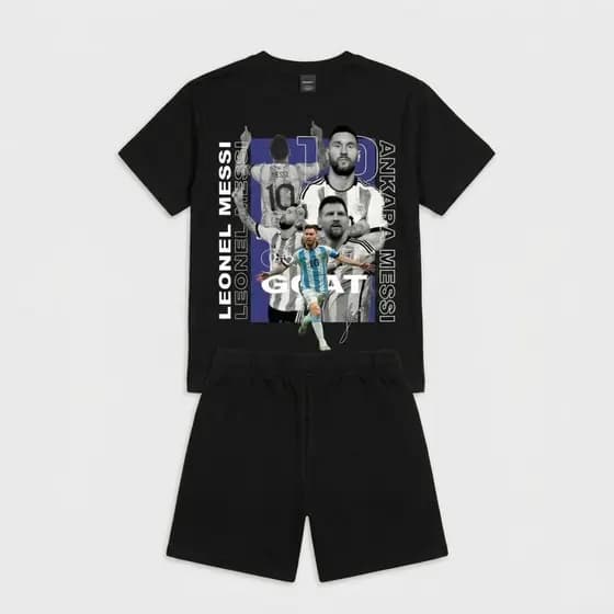 Conjunto Infantil Messi Goat Roupa de Futebol Camiseta Premium e Bermuda Leve para Meninos