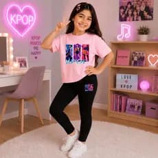 Conjunto Casual Infantil Menina Huntrix Kpop Camiseta E Legging Super Confortável e Moderno