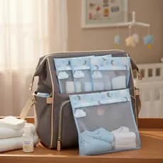 Kit com 5 Saquinhos Organizadores para Bolsa Maternidade em Tule + Tags Bordadas Coleção Luar.