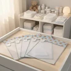 Kit com 5 Saquinhos Organizadores para Mala de Maternidade em Tule e Tags Bordadas Coleção Urso Ted