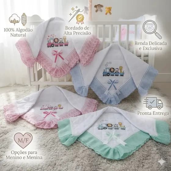 Manta em Lese Bordada e Forrada Baby Hipoalergica 80cmx80cm Safari Trenzinho Saida de Maternidade