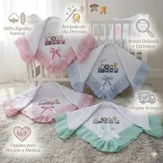 Manta em Lese Bordada e Forrada Baby Hipoalergica 80cmx80cm Safari Trenzinho Saida de Maternidade