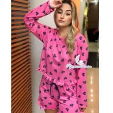 Pijama de Frio Feminino Conjunto Blusa manga comprida e short Estampado Roupa inverno meia Estação