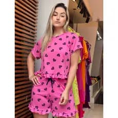 Pijama Feminino Manga Curta Com Babado Estampado Baby Doll