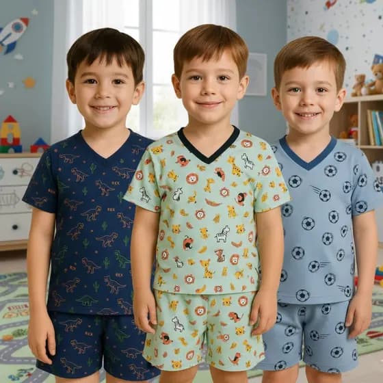 Kit 3 Pijamas Infantil Menino Camisa e Short Conjunto de Dormir Verão Leve Confortável