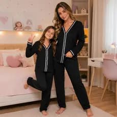 Conjunto Pijama Mãe e Filha Inverno Aberto com Botões Roupa de Dormir