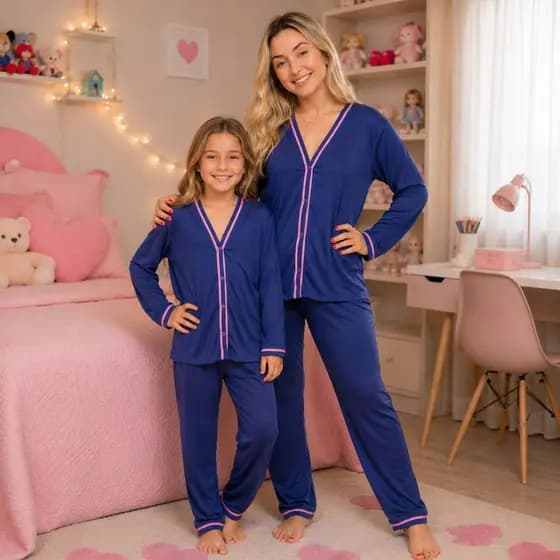 Pijama Mãe e Filha Conjunto Azul Marinho Manga Comprida Aberto com Botões Inverno