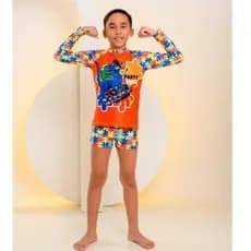 Conjunto Camiseta Sunga Autismo Juvenil de Proteção Solar UV 50+ Camisa Manga Longa + Sunga Forrada