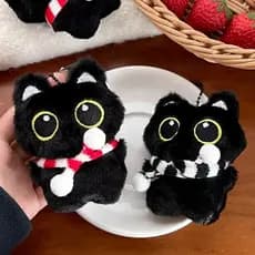 Chaveiro Pelúcia Gatinho Preto com Cachecol Kawai Gato
