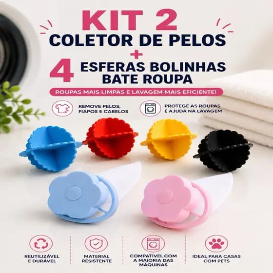 2 Coletor de Pelos e Fiapos Filtro Flutuante + 4 Esferas Bolinhas de lavar Roupa Máquina Tanquinho