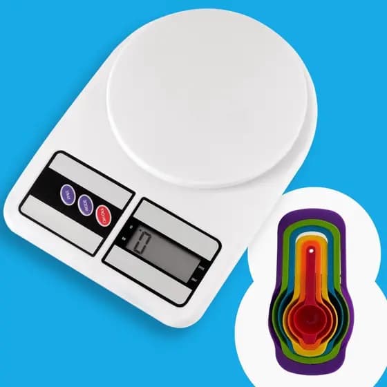 Balança Digital De Precisão 1g À 10kg Cozinha Dieta Fitnessc Com Pilha de Qualidade + Kit 6 Medidores Premium De Cozinha Encaixáveis