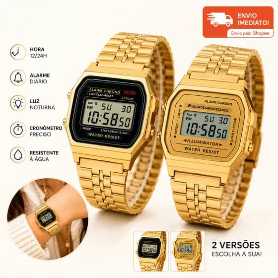Relógio Retro Digital Vintage Unissex Metal Clássico Feminino e Masculino Cronômetro Alarme e LED