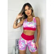 Conjunto de Academia Short e Cropped Com Bojo  Fitness Cós Alto Treino
