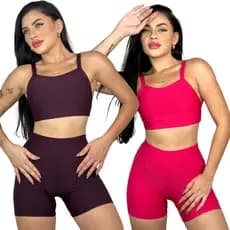KIT 2 Conjuntos Short e Cropped Fitness Academia Cós Alto Cores