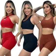 Conjunto de Academia Short e Cropped Fitness jacquard bolha Cós Alto Treino