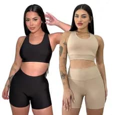 Kit 2 Conjunto Fitness Short e Cropped Top Cós Alto De Academia