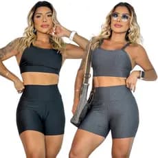 Kit 2 Conjunto de Academia Feminino Short e Top Fitness Cós Alto Reforçado