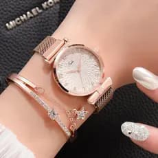 Relógio de Pulso Quartzo Magnético Feminino + Bracelete Estrela
