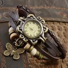 Relógio de Quartzo de Couro Feminino multi-camada borboleta Pulseira Café feita à mão relógios de pulso ajustável
