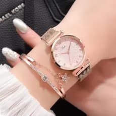 Relógio Feminino de Pulso Quartzo Magnético +  Bracelete Estrela