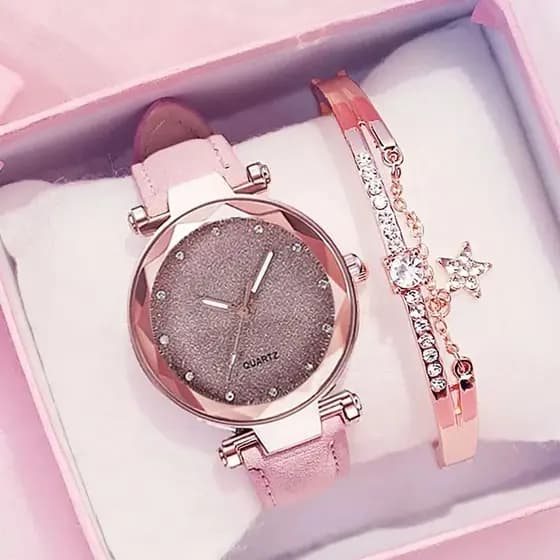 Relógio de Pulso Quartz de Couro Feminino & Pulseira Estrela